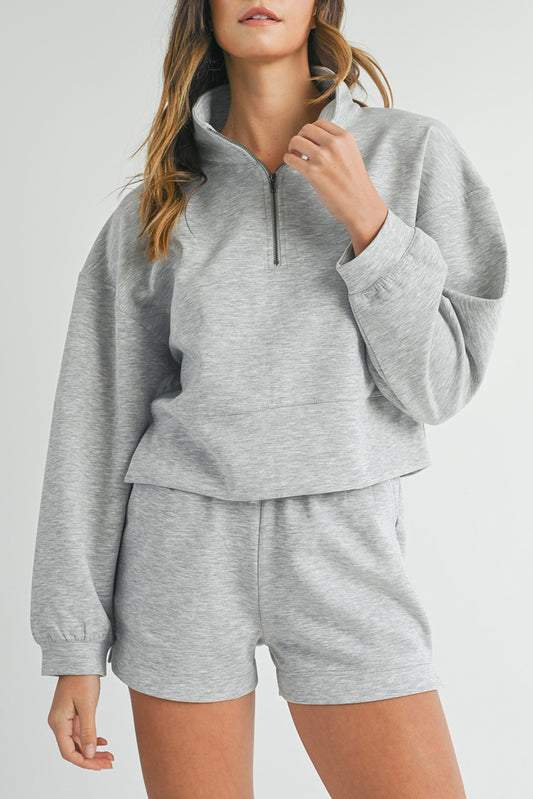 Light Grey Stand Neck Zipped Sweatshirt and Shorts Set