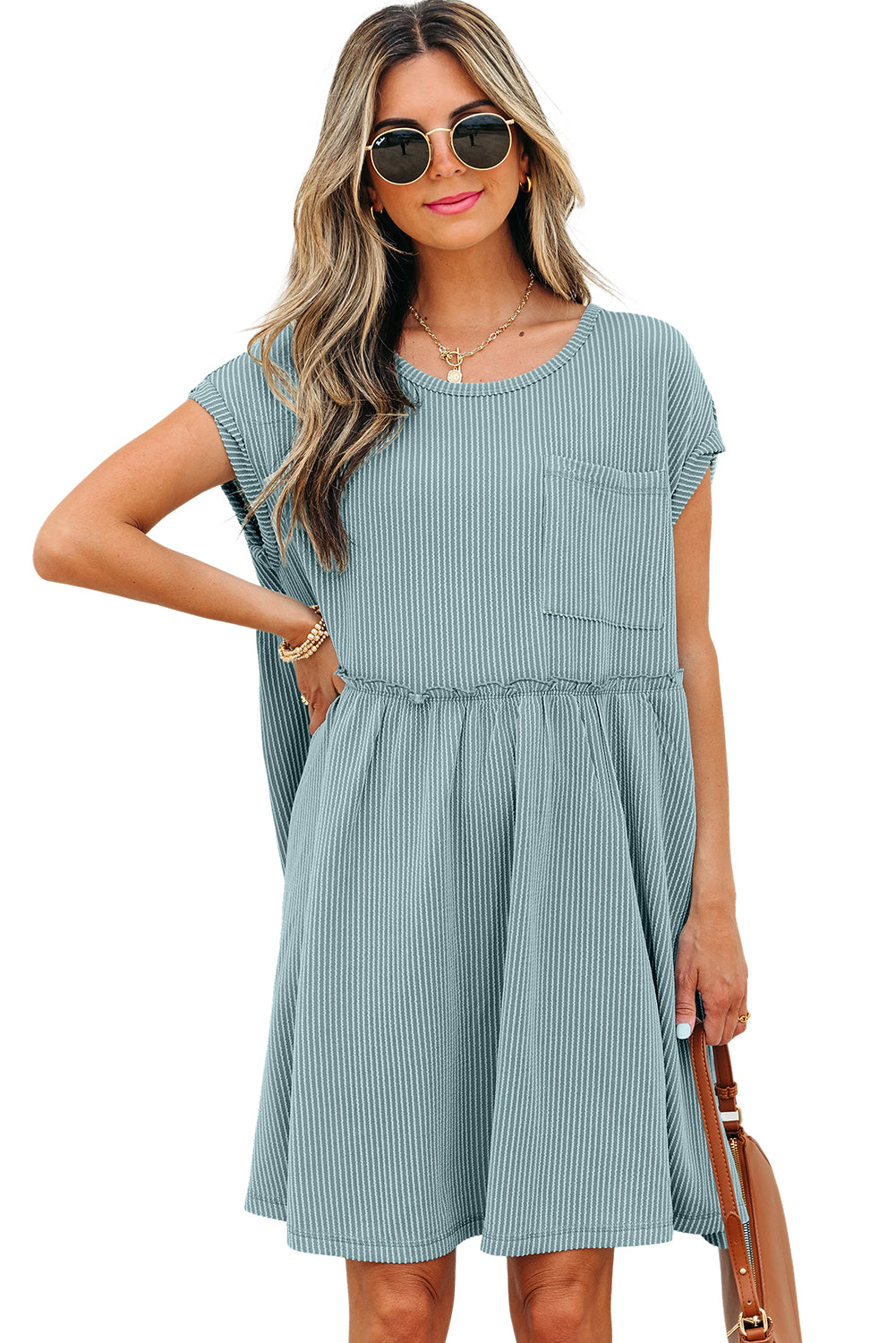 Canton Corded Knit Textured Patched Pocket Frilled Swing Mini Dress with Pockets