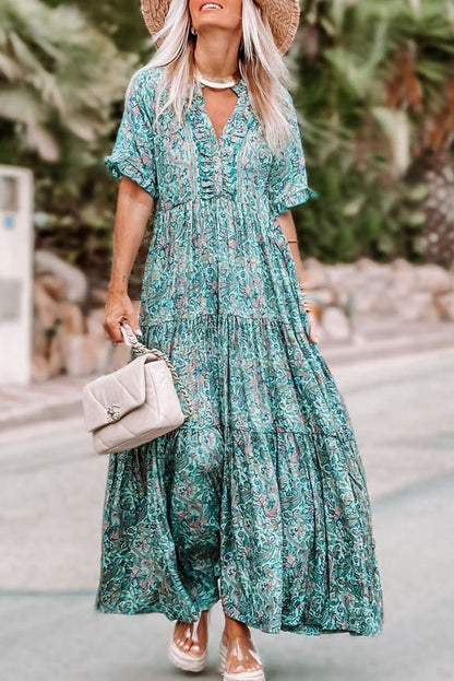 Sky Blue Paisley Print Boho Holiday Ruffle Tiered Maxi Dress