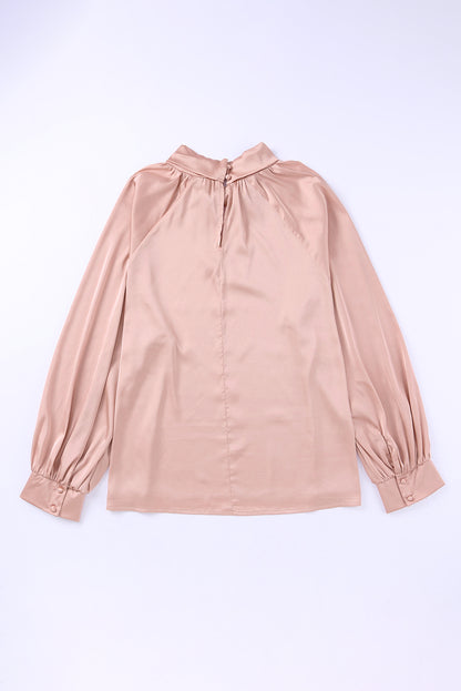 Pink Twist High Neck Puff Sleeve Satin Blouse