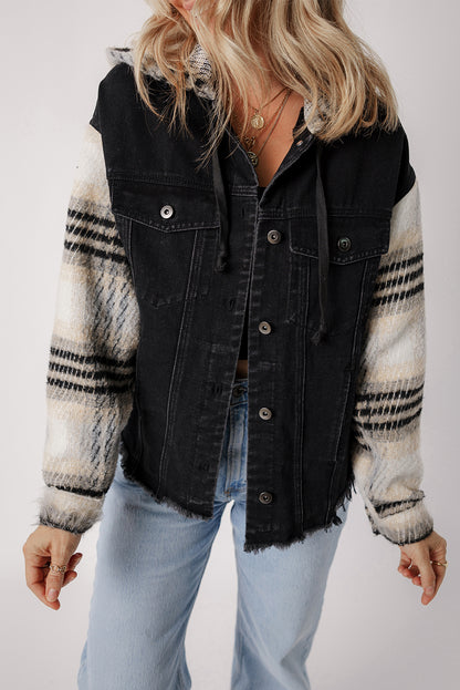 Black Plaid Sleeve Frayed Hem Hooded Denim Jacket