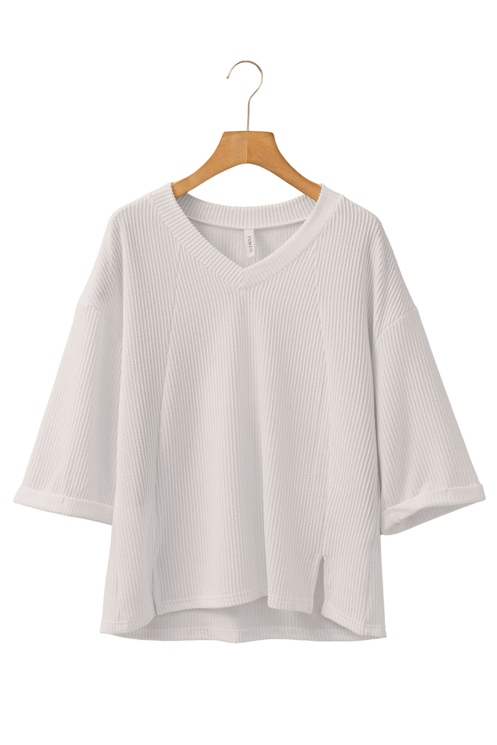 White Solid Color Corded Drop Shoulder 3/4 Sleeve V Neck Top