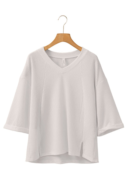 White Solid Color Corded Drop Shoulder 3/4 Sleeve V Neck Top