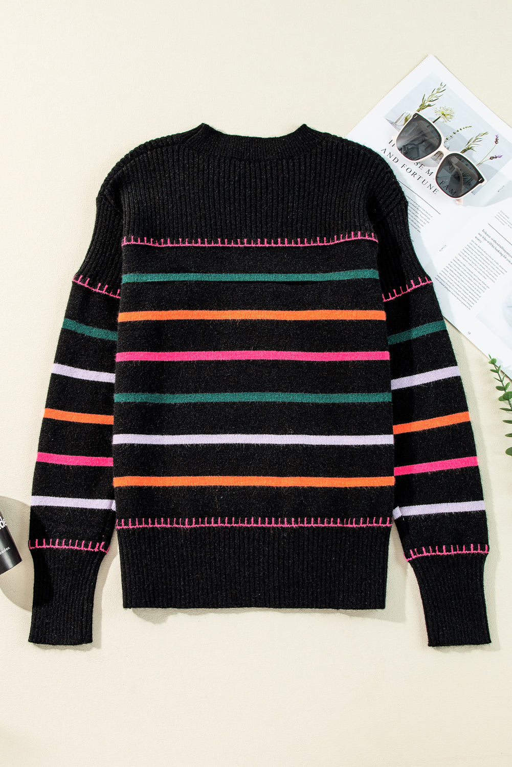 Black Colorful Striped Ribbed Trim Sweater