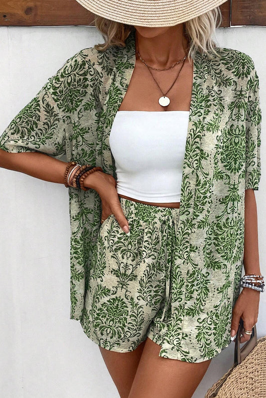 Green Vintage Floral Print Open Top and Shorts Outfit