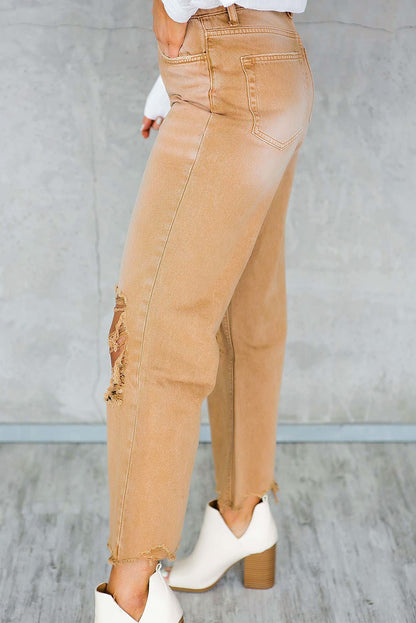 Brown Distressed Hollow-out High Waist Cropped Flare Jeans