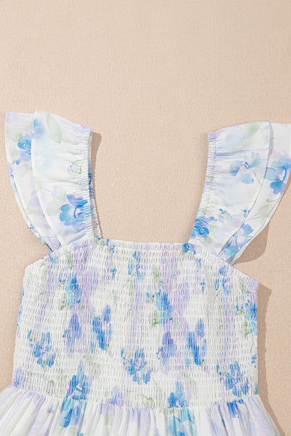 Sky Blue Floral Smocked High Waist Double Ruffle Sleeveless Maxi Dress