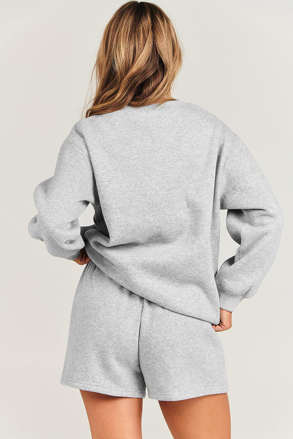 Light Grey Solid Pullover Sweatshirt and Shorts 2 Piece Set