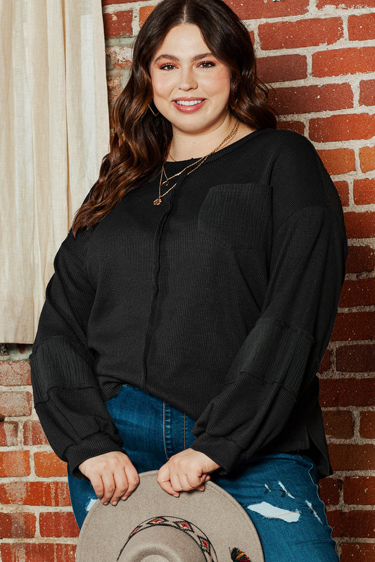 Black Plus Size Exposed Seam Crinkle Patchwork Top