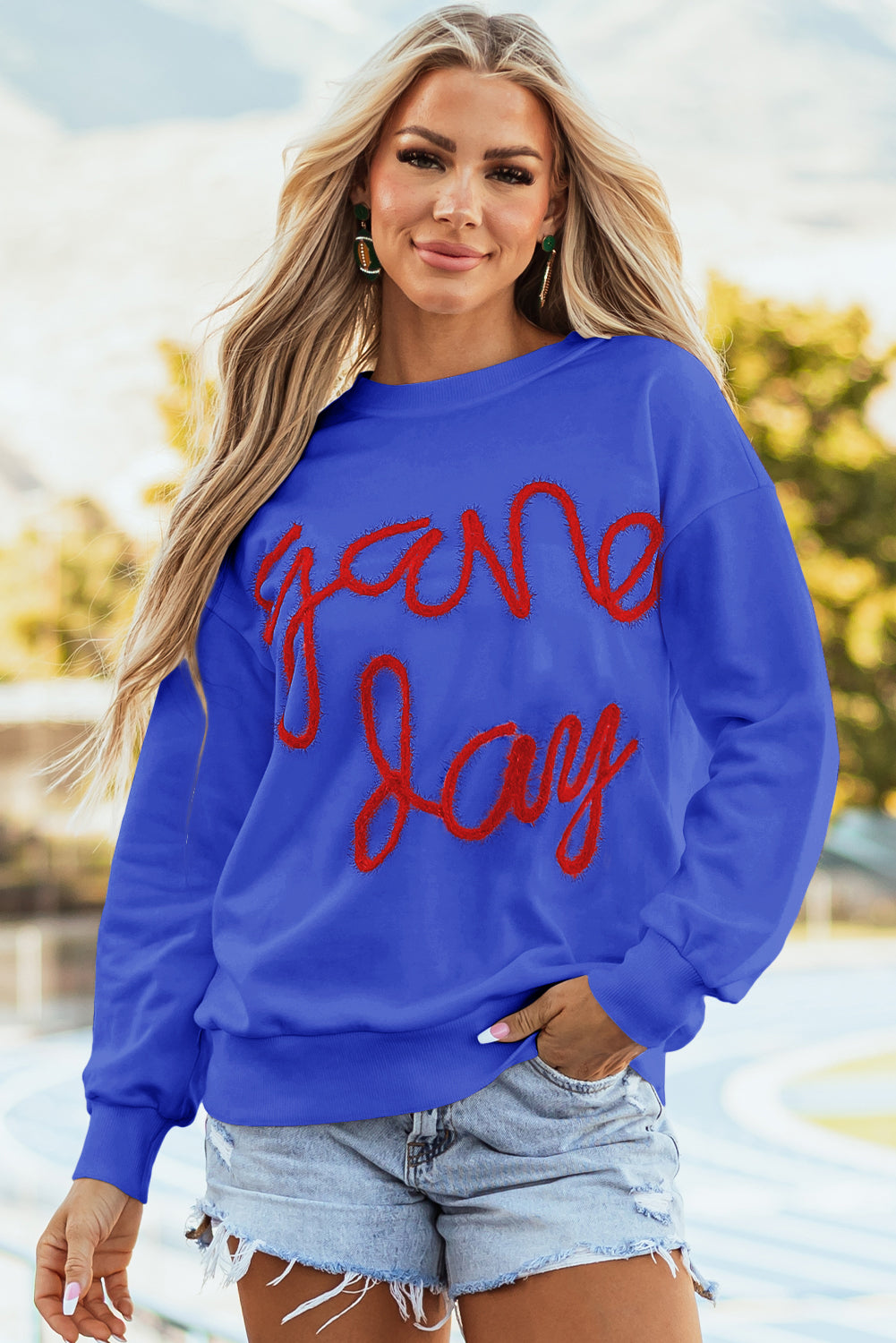 Dark Blue Tinsel Game Day Drop Shoulder Graphic Sweatshirt