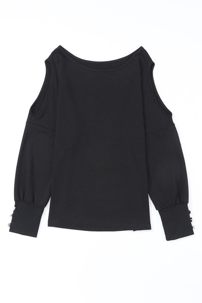 Black Asymmetrical Cut Out Buttoned Long Sleeve Top