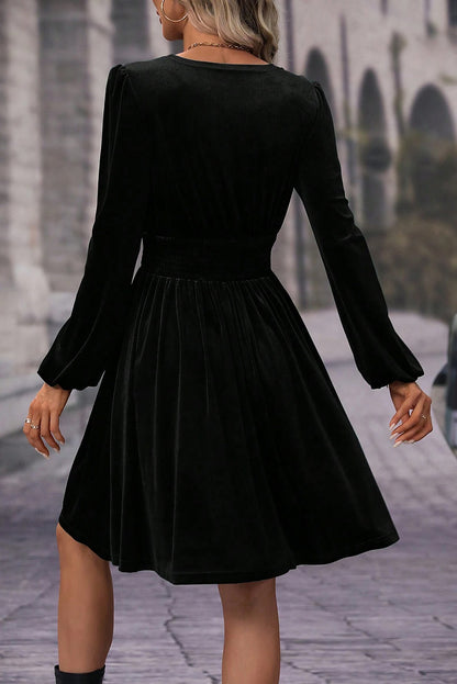 Black Velvet Long Sleeve Surplice High Waist Mini Dress