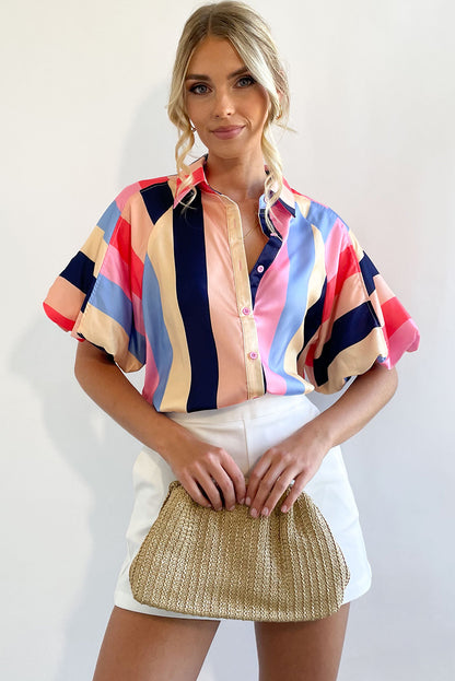 Multicolor Color Block Striped Puff Sleeve Buttoned Shirt