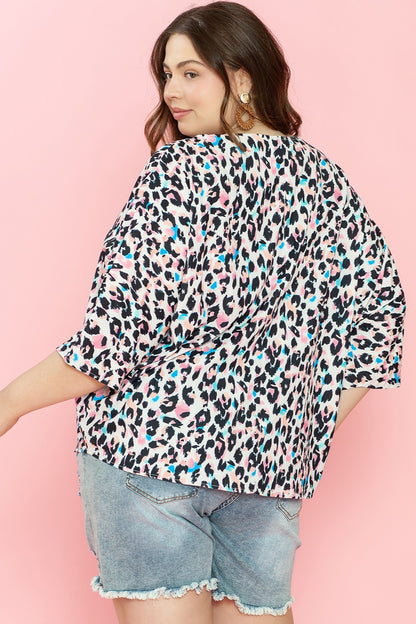 Plus Size Leopard V-Neck Three-Quarter Sleeve Blouse