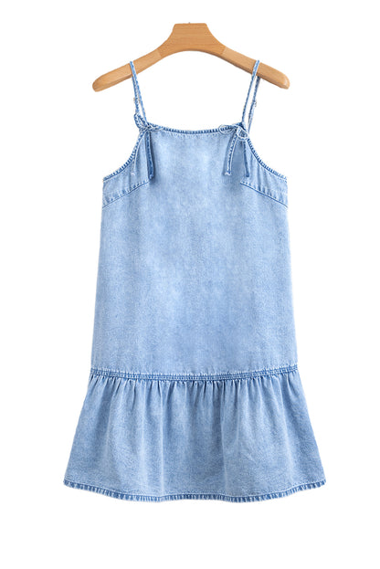 Beau Blue Bow Detail Spaghetti Straps Ruffle Hem Denim Short Dress