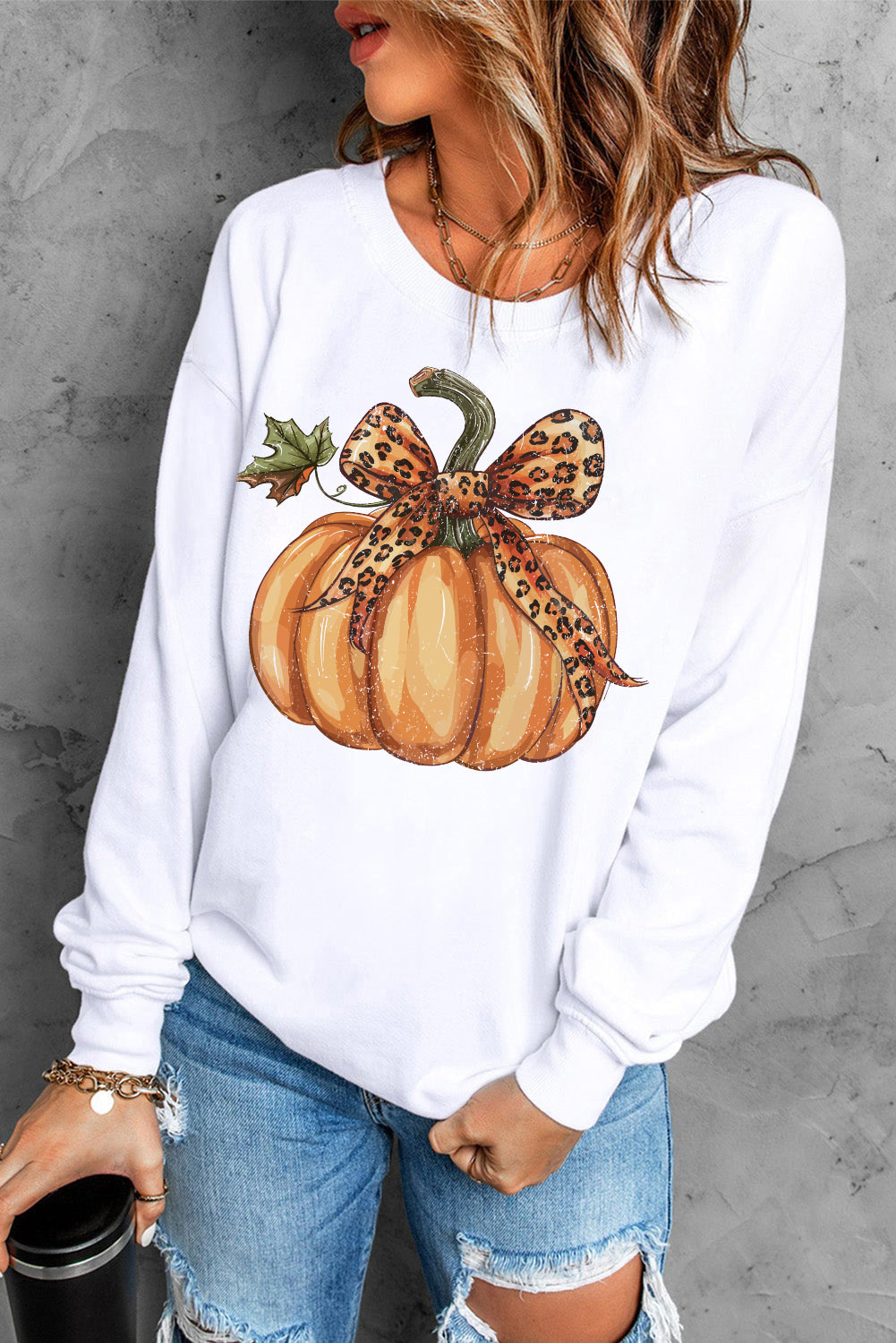 Beige Leopard Bowknot Pumpkin Graphic Crewneck Sweatshirt