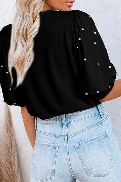 Black Rhinestone Pearl Puff Half Sleeve Top