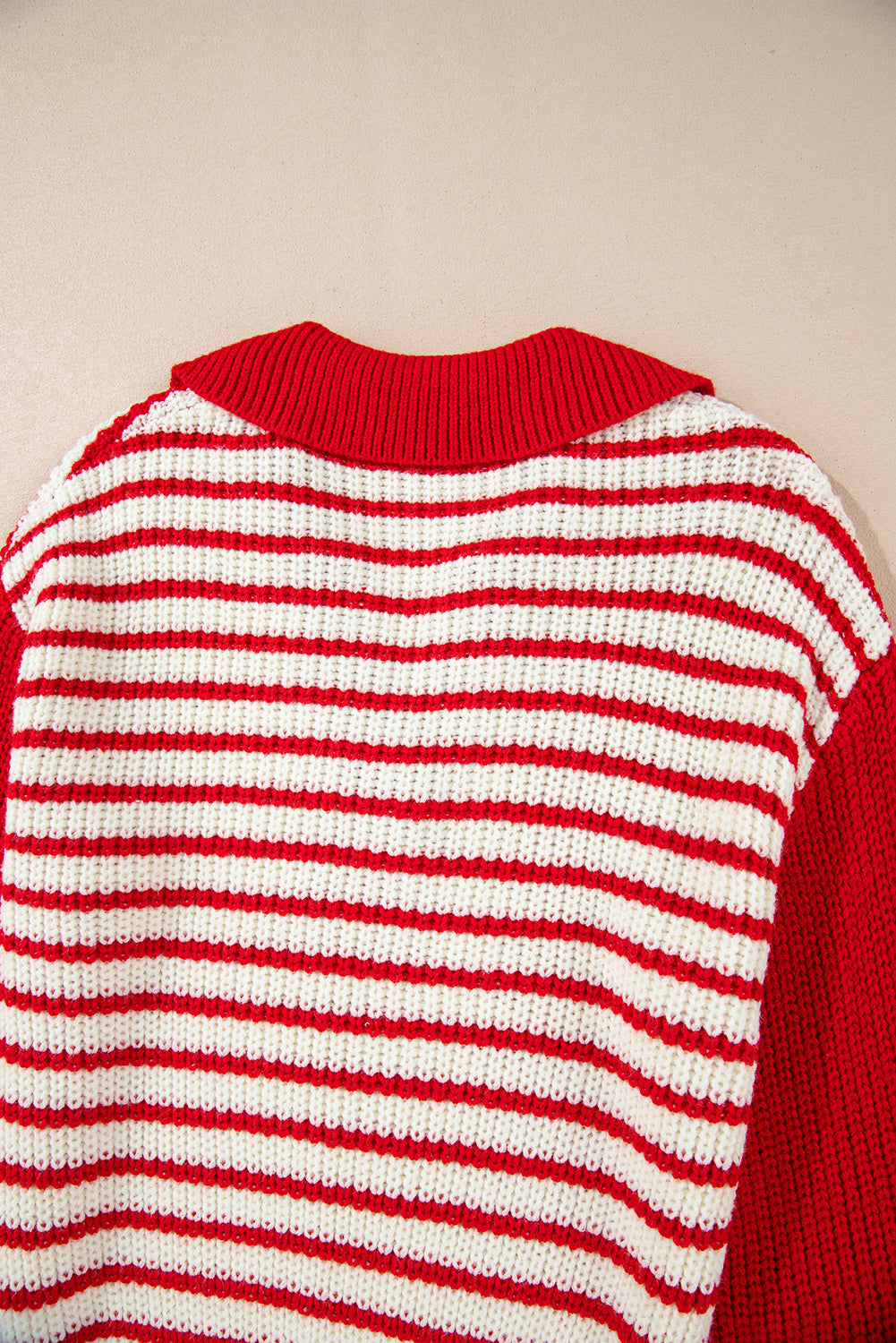 Red Stripe Lantern Sleeve V Neck Collared Drop Shoulder Sweater