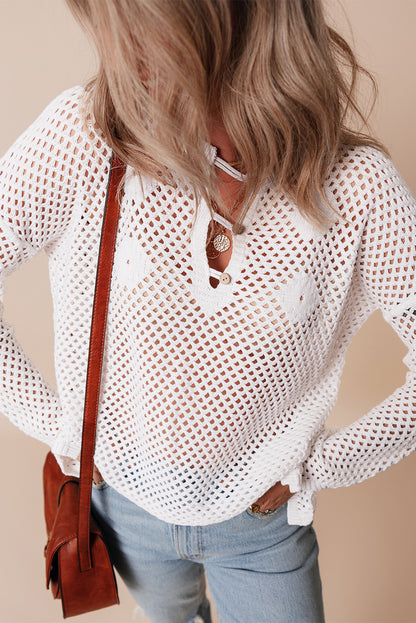 White Open Knit Buttoned Neck Split Sleeve Sweater