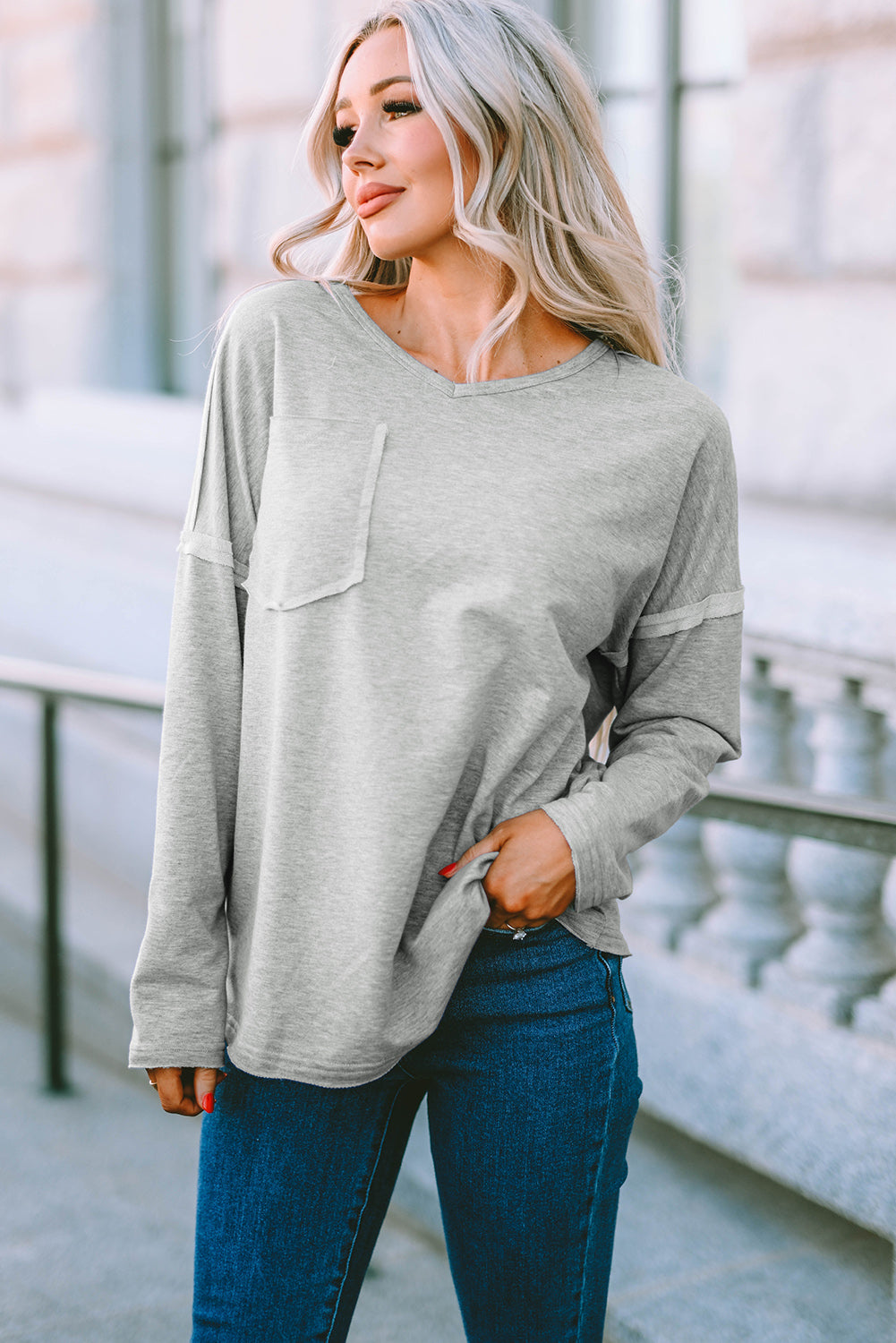 Gray Pocketed Oversized Drop Sleeve Top