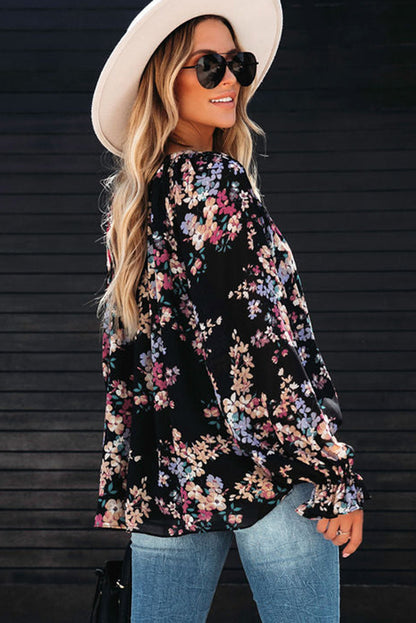 Black Wildflower Print Chiffon Blouse