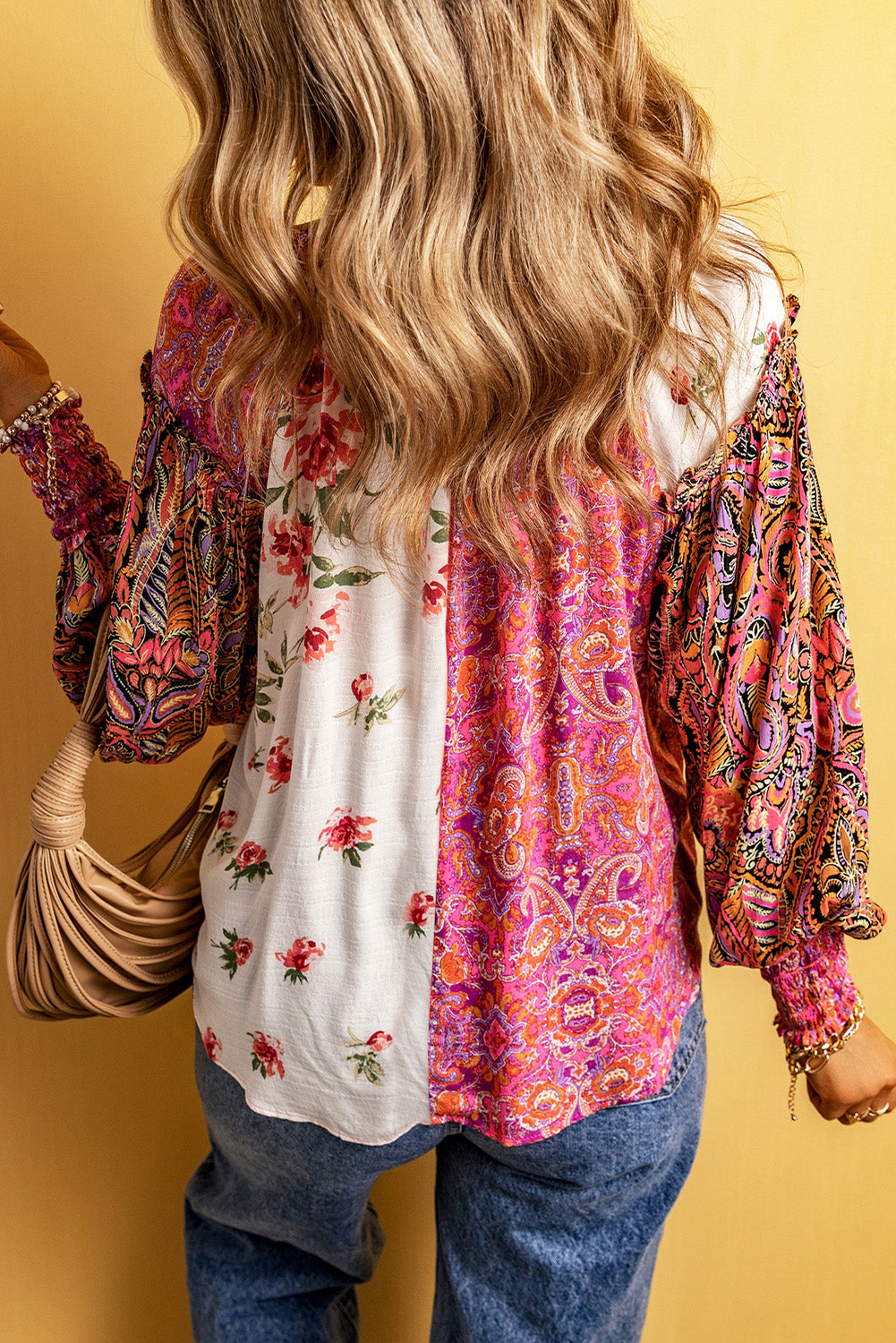 Multicolor Floral Patchwork Shirred Cuff Buttoned V Neck Blouse