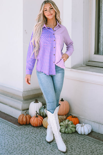 Purple Mixed Plaid Button Down Long Sleeve Chest Pocket Shirt