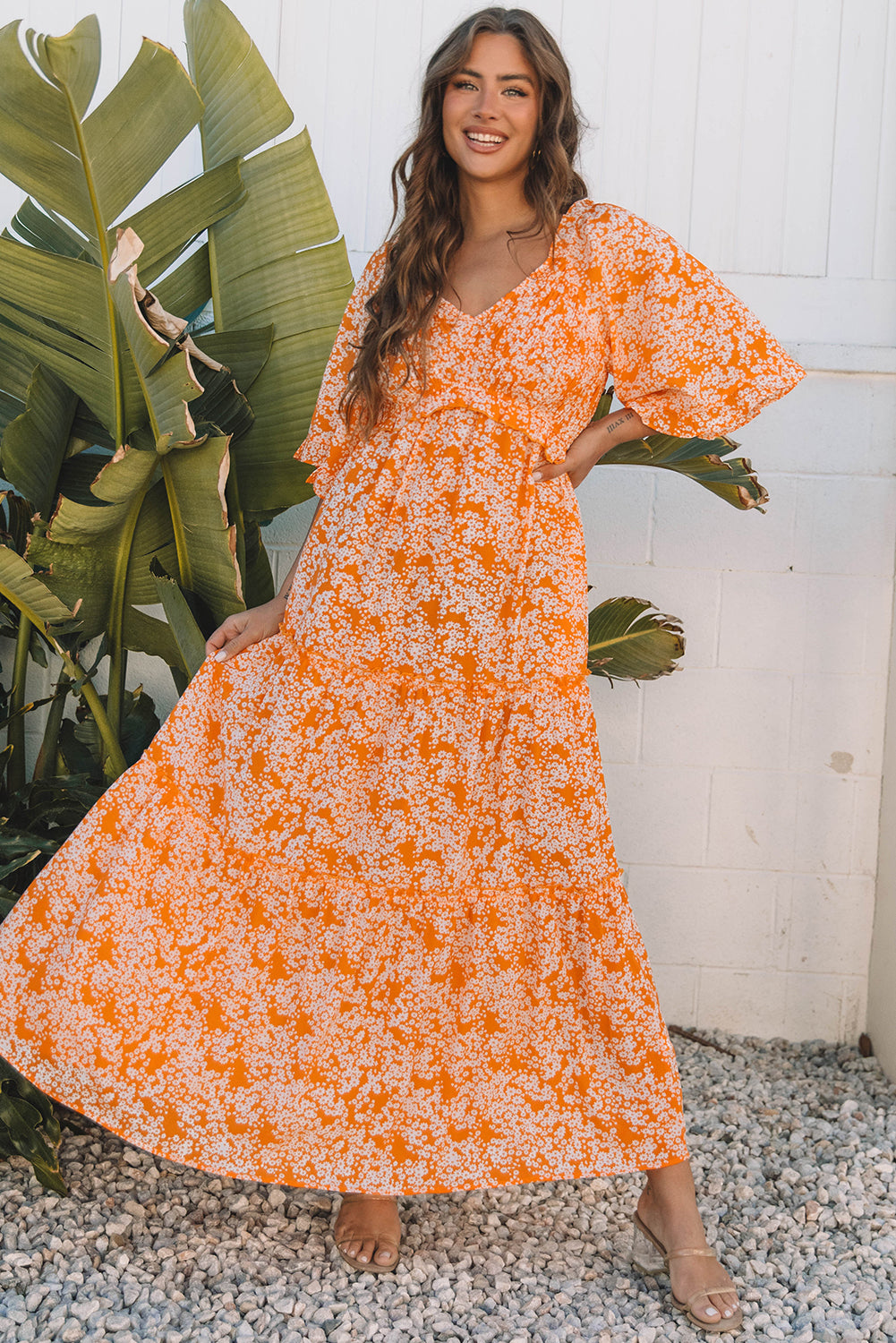 orange preppy dress Orange Floral Print Smocked V Neck Wide Sleeve Maxi Dress – Probably Preppy