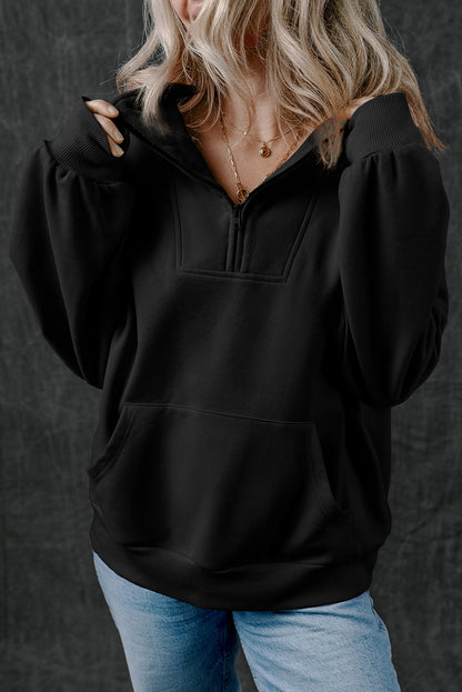 Black Zip-up Stand Neck Kangaroo Pocket Sweatshirt