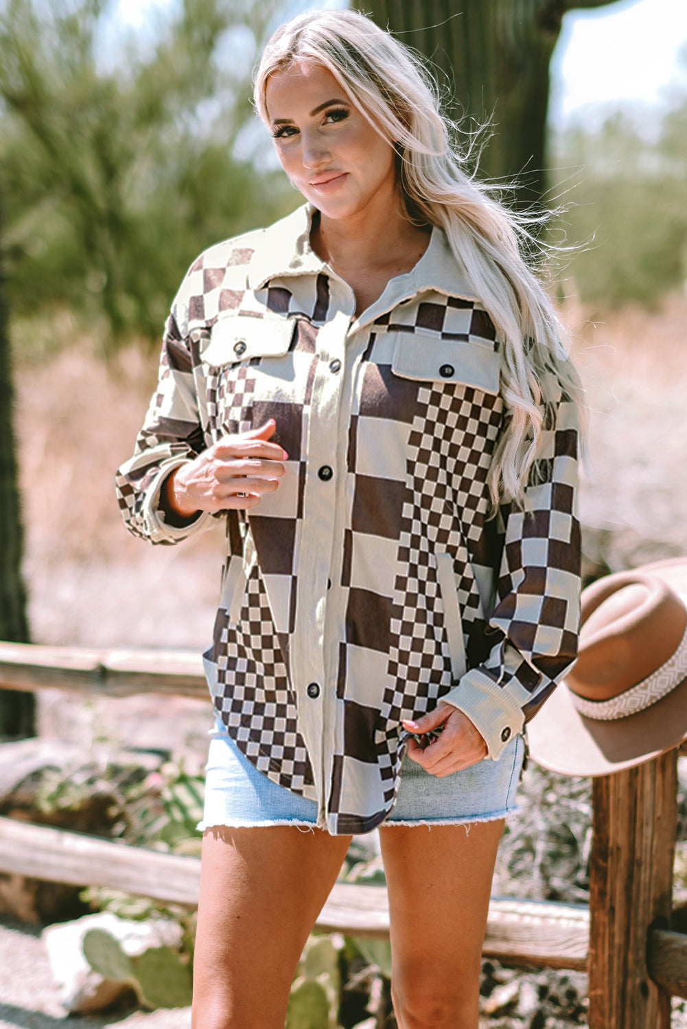 Brown Checkered Print Patchwork Corduroy Shacket