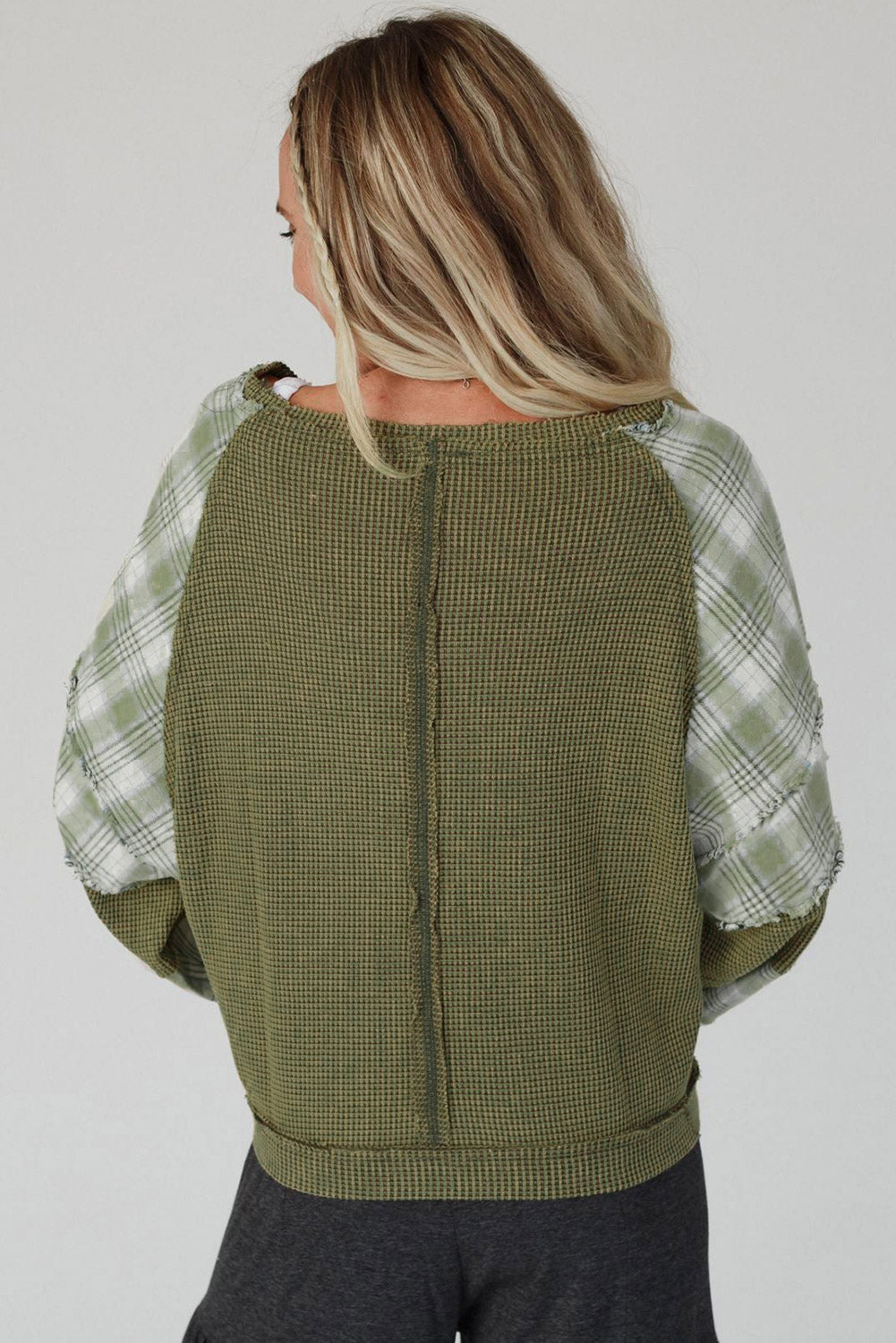 Green Plaid Patch Waffle Knit Exposed Seam Bubble Sleeve Top