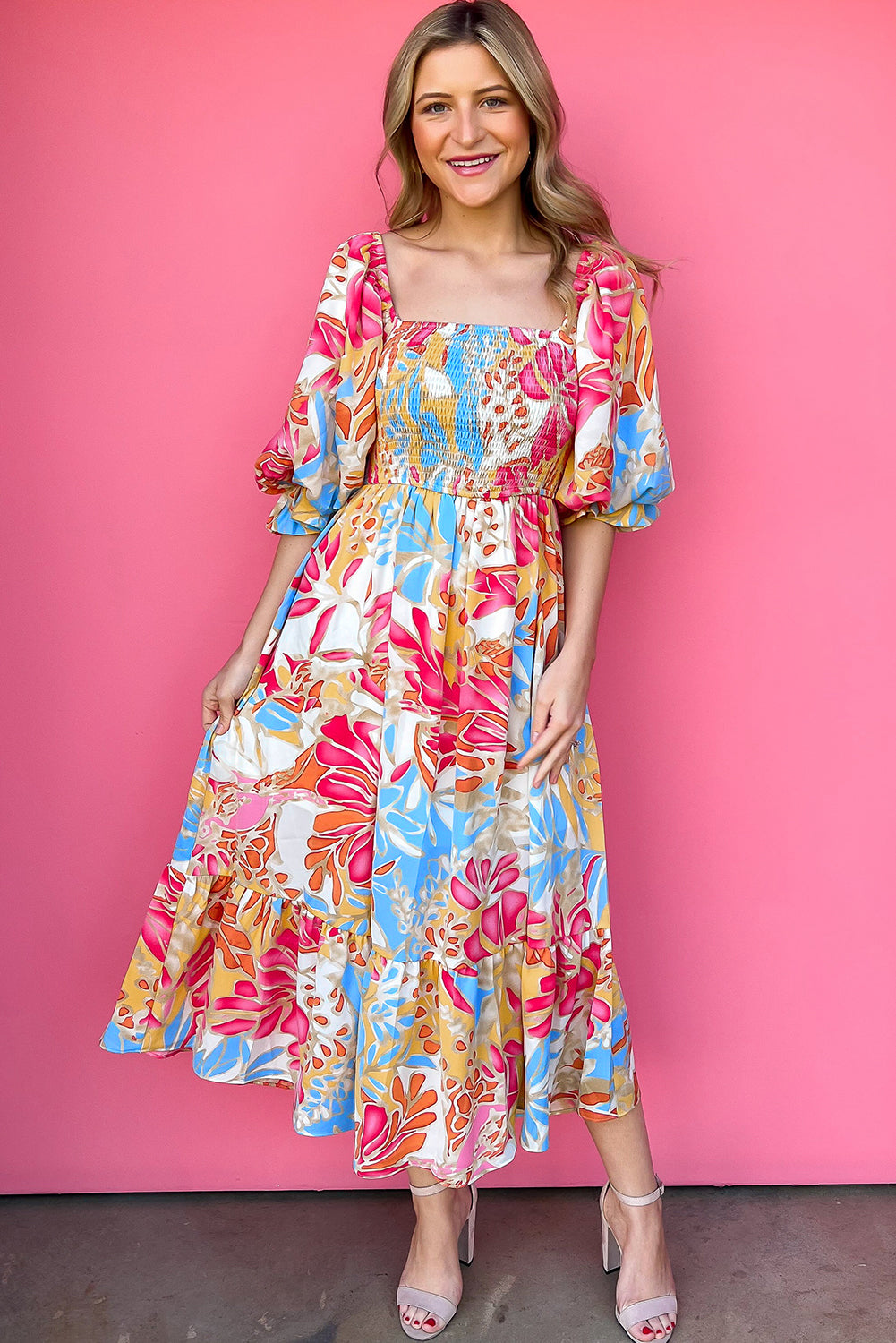 Rose Red Tropical Print Smocked Bodice Puff Sleeve Maxi Dress