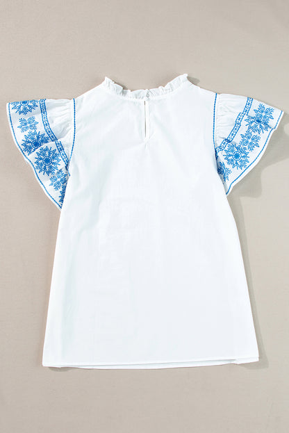 White Embroidered Ruffled Sleeve Frilled Collar Blouse