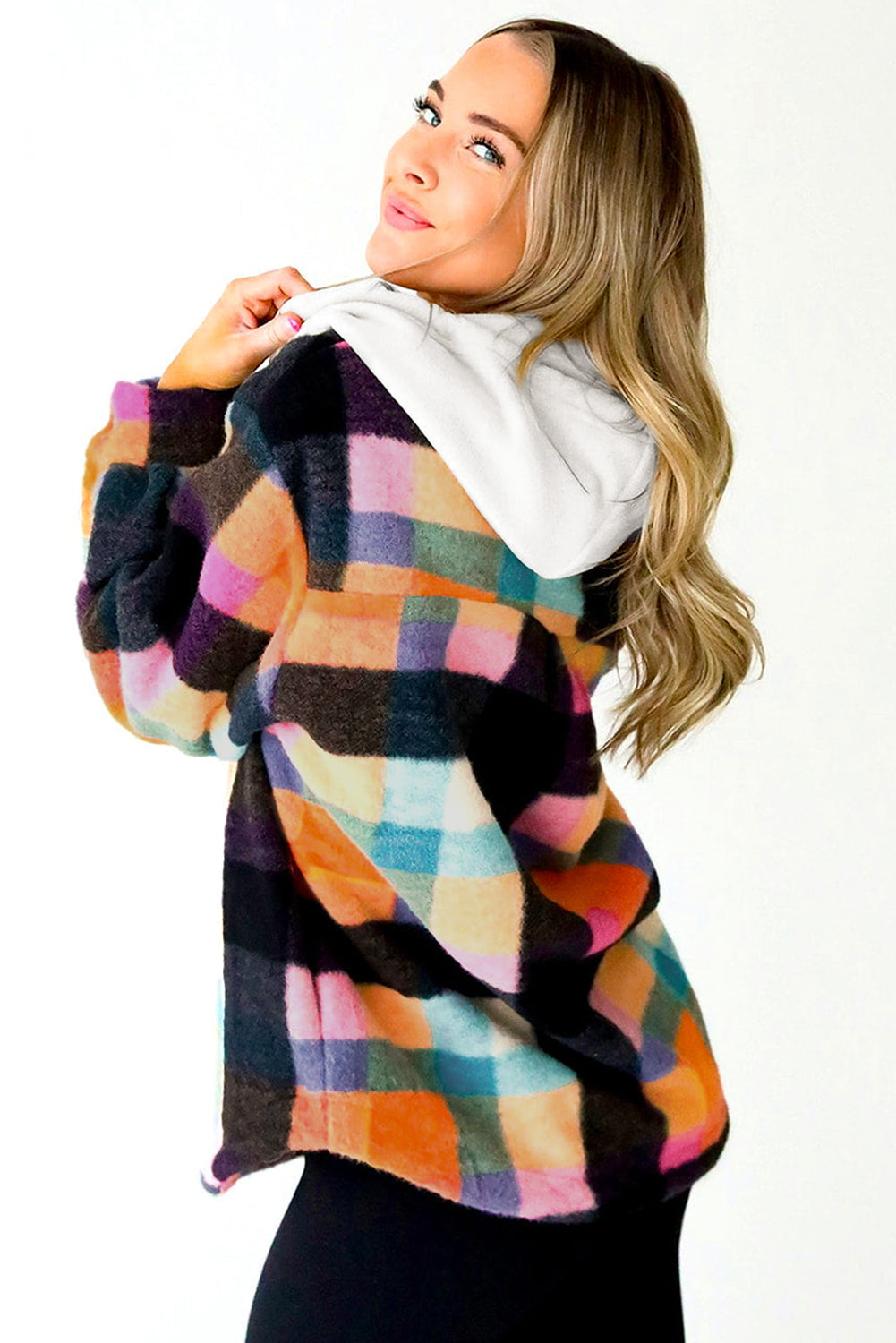 Multicolour Plaid Color Block Flap Pocket Buttoned Hoodie