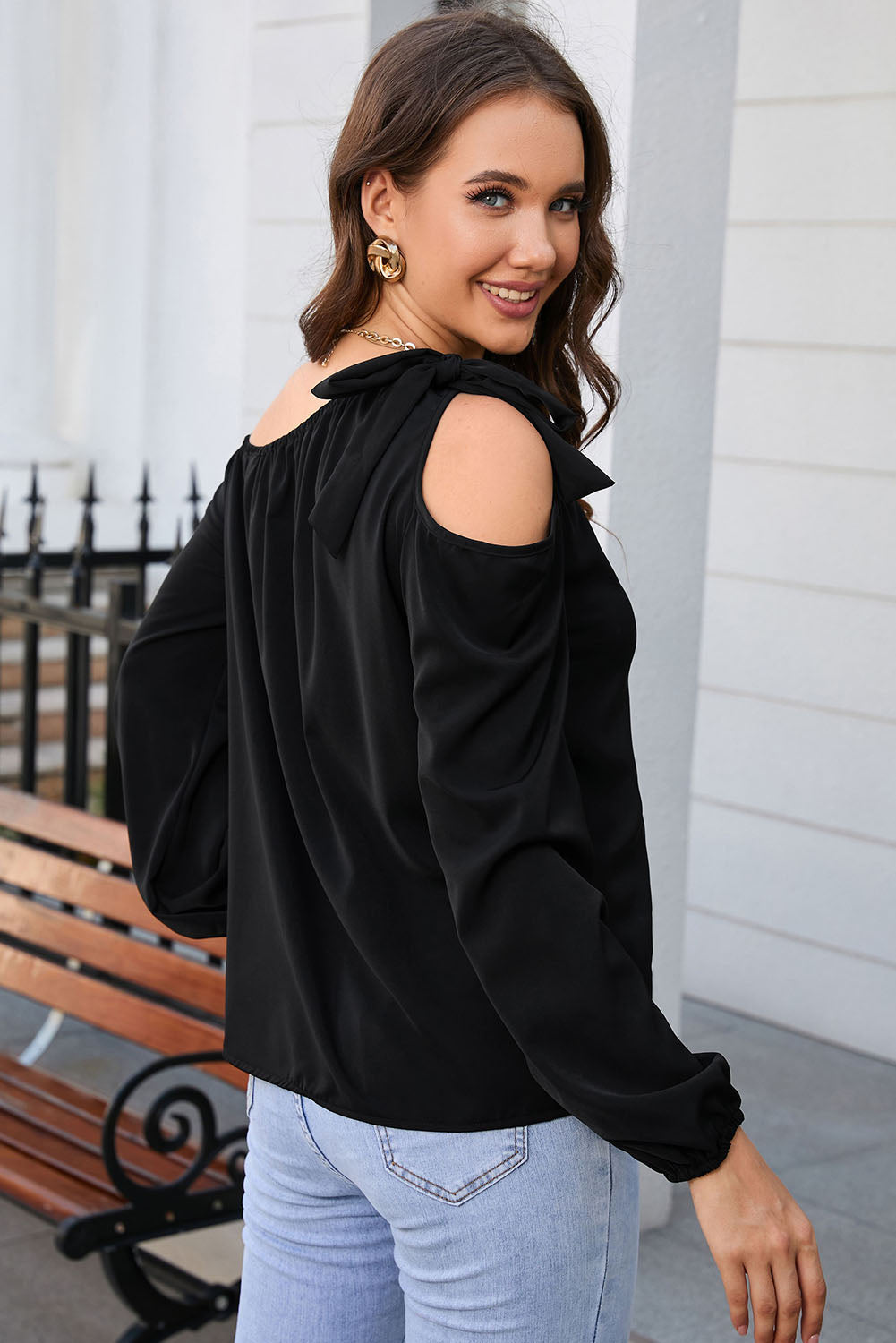 Black Knotted Asymmetric Off Shoulder Blouse