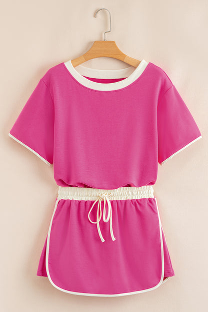 Rose Red Color block Edge Drop Shoulder T Shirt and Skirt 2Pcs Set