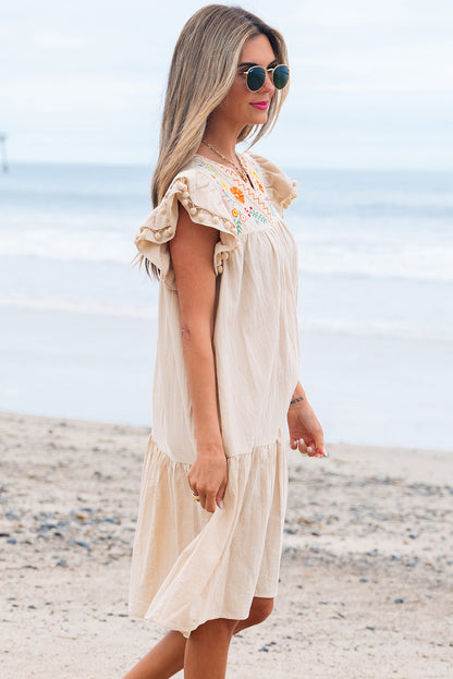 Jet Stream Linen Embroidery Split Neck Pom Pom Ruffle Sleeves Flowy Short Dress