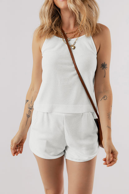 White Waffle Knit Textured Spaghetti Straps Cami and Shorts Set