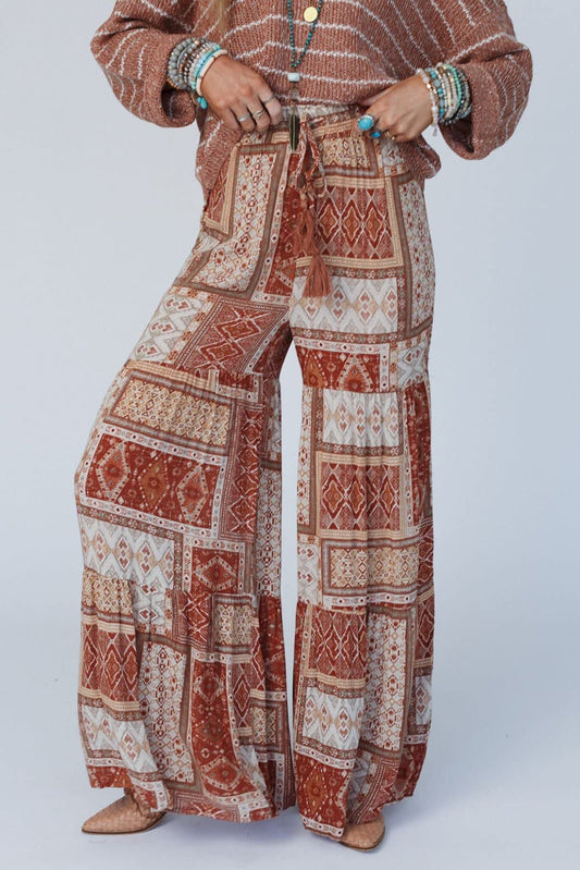 Brown Boho Aztec Print Tiered Palazzo Pants