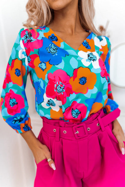 Multicolor Floral Print V Neck 3/4 Sleeve Blouse