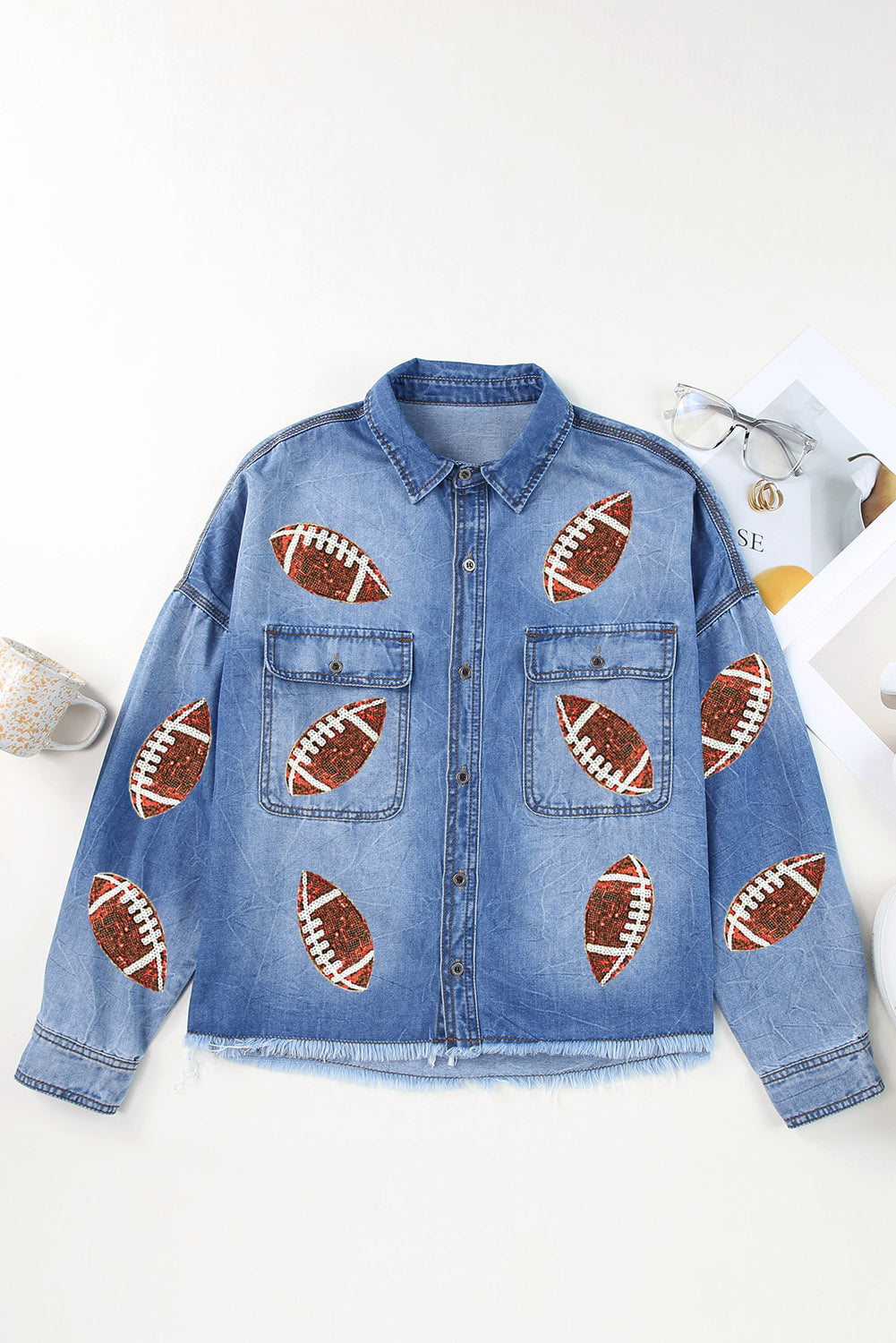 Sky Blue Sequin Rugby Football Graphic Flap Pockets Raw Hem Game Day Denim Jacket