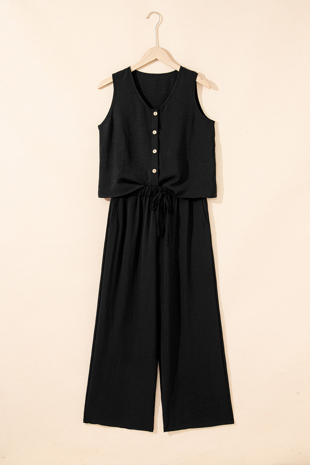 Black Buttoned Vest Drawstring Wide Leg Pants 2pcs Set