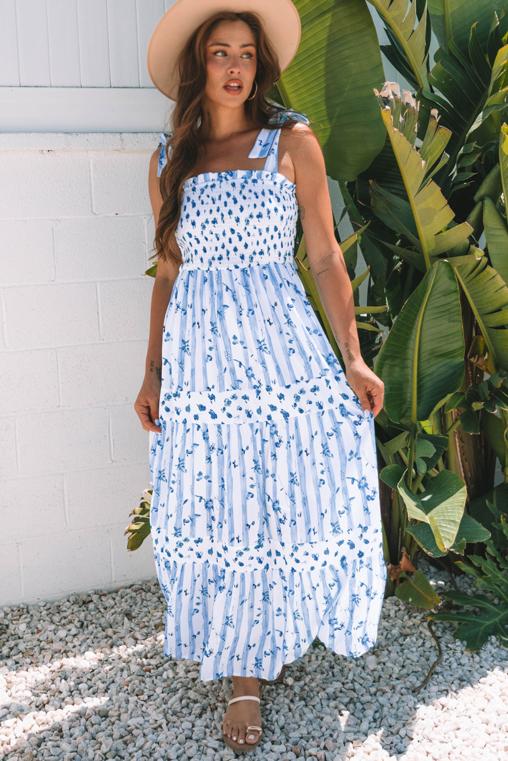 Sky Blue Floral Smocked Tied Straps A-Lined Tiered Maxi Dress
