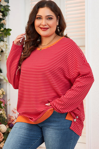 Orange Stripe Plus Size Drop Shoulder Long Sleeve Buttoned Decor Top