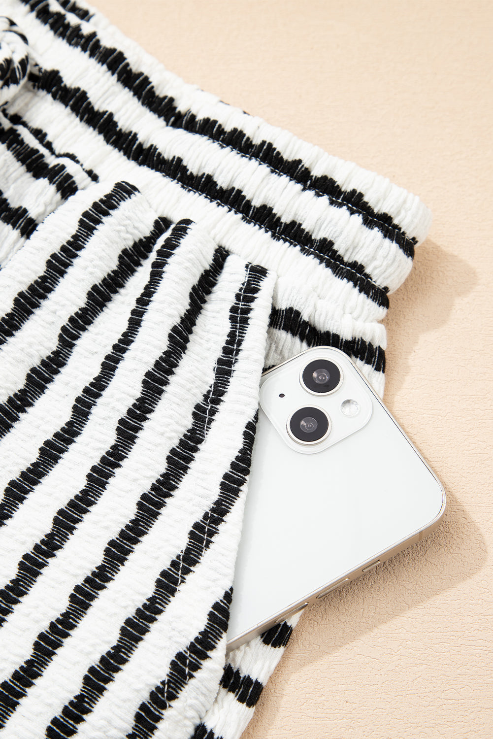 Black Stripe Knitted Short Sleeve Top and Drawstring Shorts Set