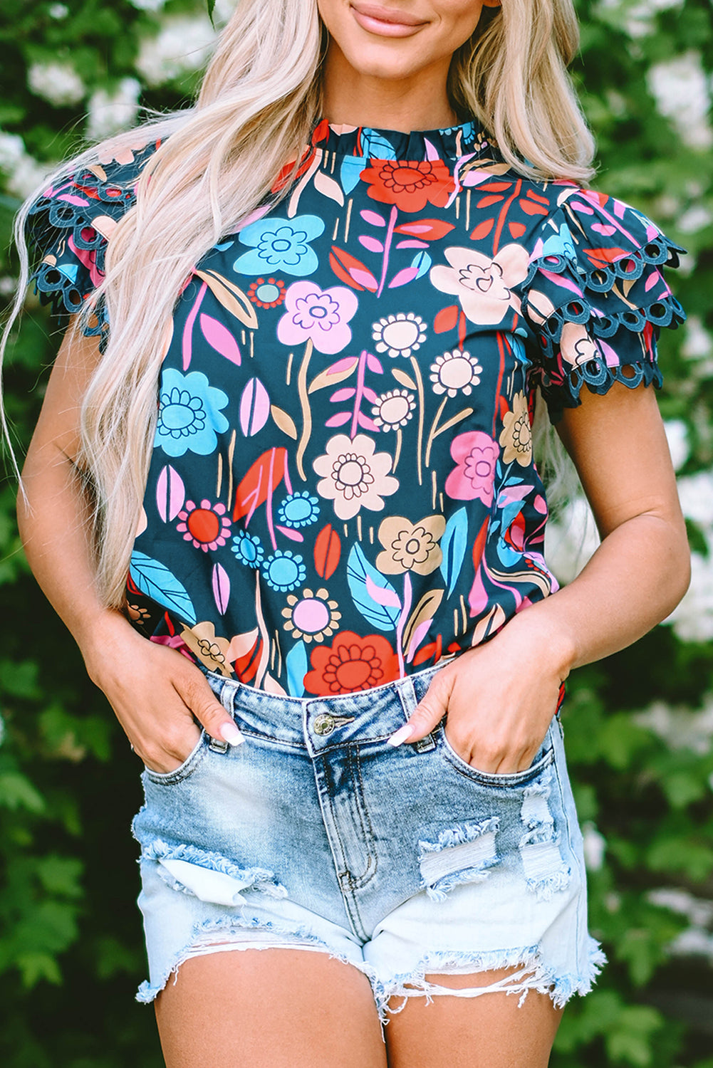 Green Trimmed Ruffle Sleeve Summer Floral Blouse