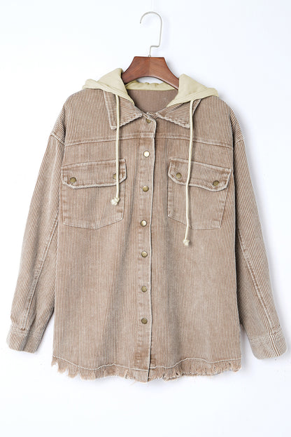 Khaki Patchwork Hooded Corduroy Shacket