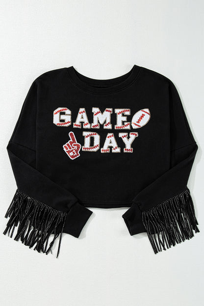 Black GAME DAY Rugby Sequined Tasseled Cropped Sweatshirt