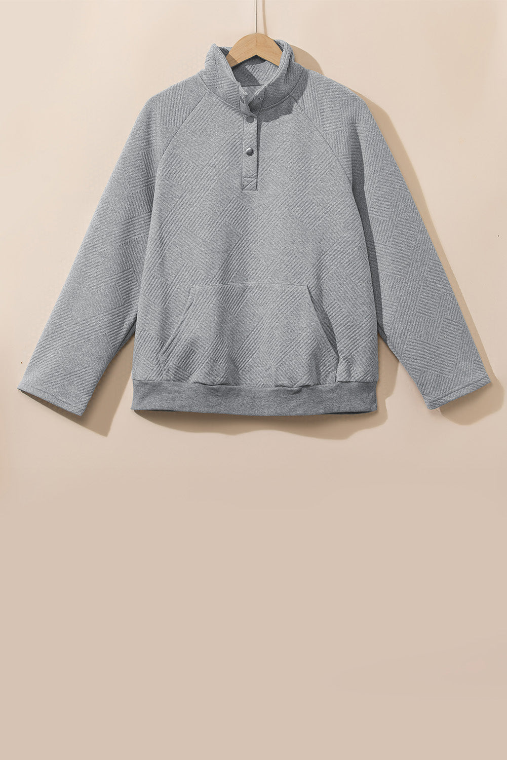 Light Grey Textured Snap Buttons Pullover Plus Size Sweatshirt