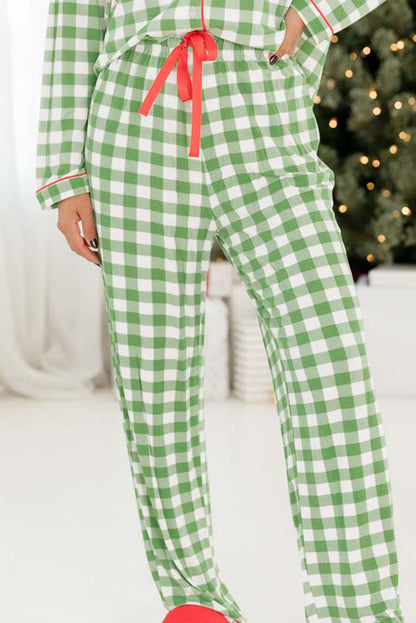 Light Green Christmas Plaid Print Shirt and Pants Pajama Set